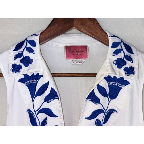 KATE SPADE White Blue Dress Zig Zag Floral Embroidered Fit Flare Midi Sleeveless - Picture 6 of 15